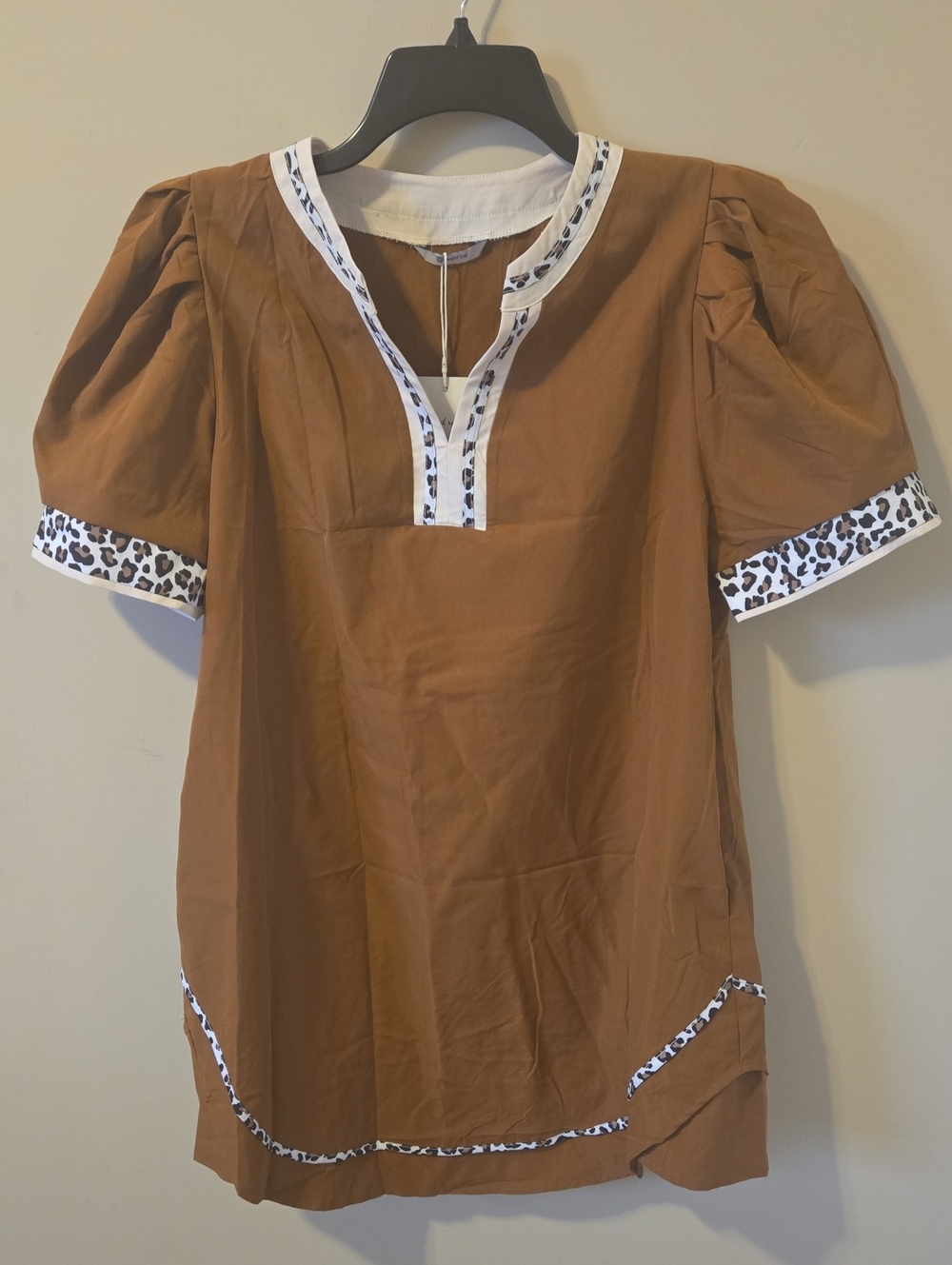 Brown Puff-Sleeve Tunic Dress with Leopard Trim